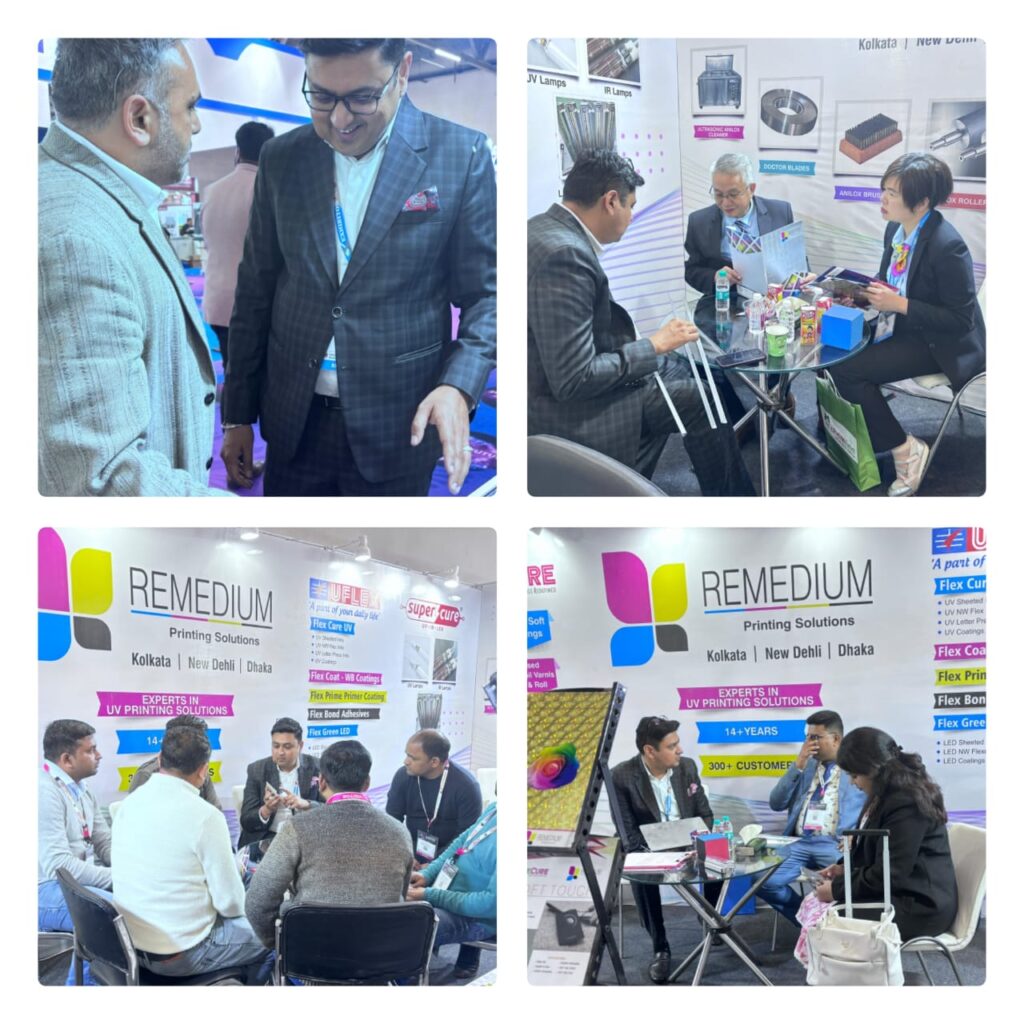 Remedium representatives and attendees meeting at Print Pack India 2025