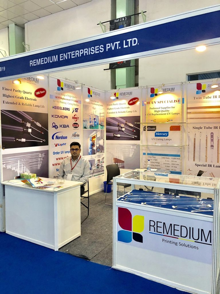 Remedium booth at Chennai Print Expo 2019 with UV and IR curing lamps