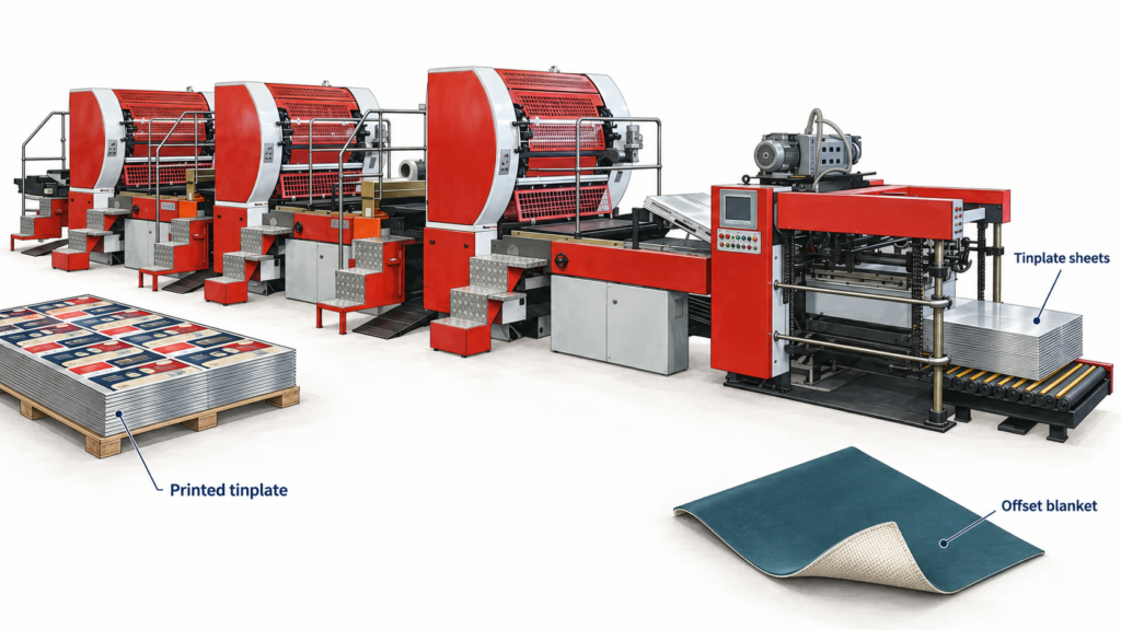 Illustration of a sheetfed metal offset printing machine with tinplate sheets, printed metal sheets and an offset printing blanket