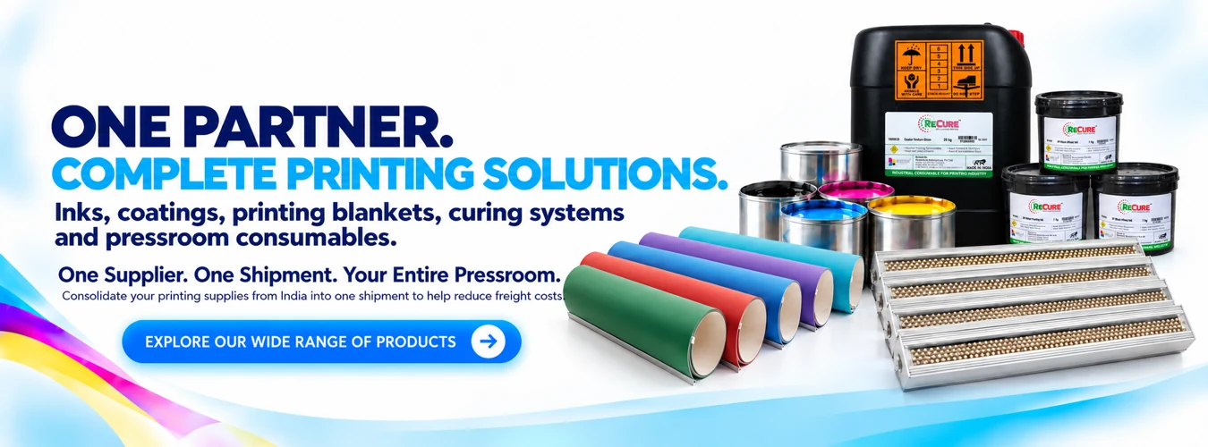 Remedium one-stop supplier of printing inks, ReCure UV and water-based coatings, offset printing blankets, UV curing lamps and pressroom consumables shipped together from India