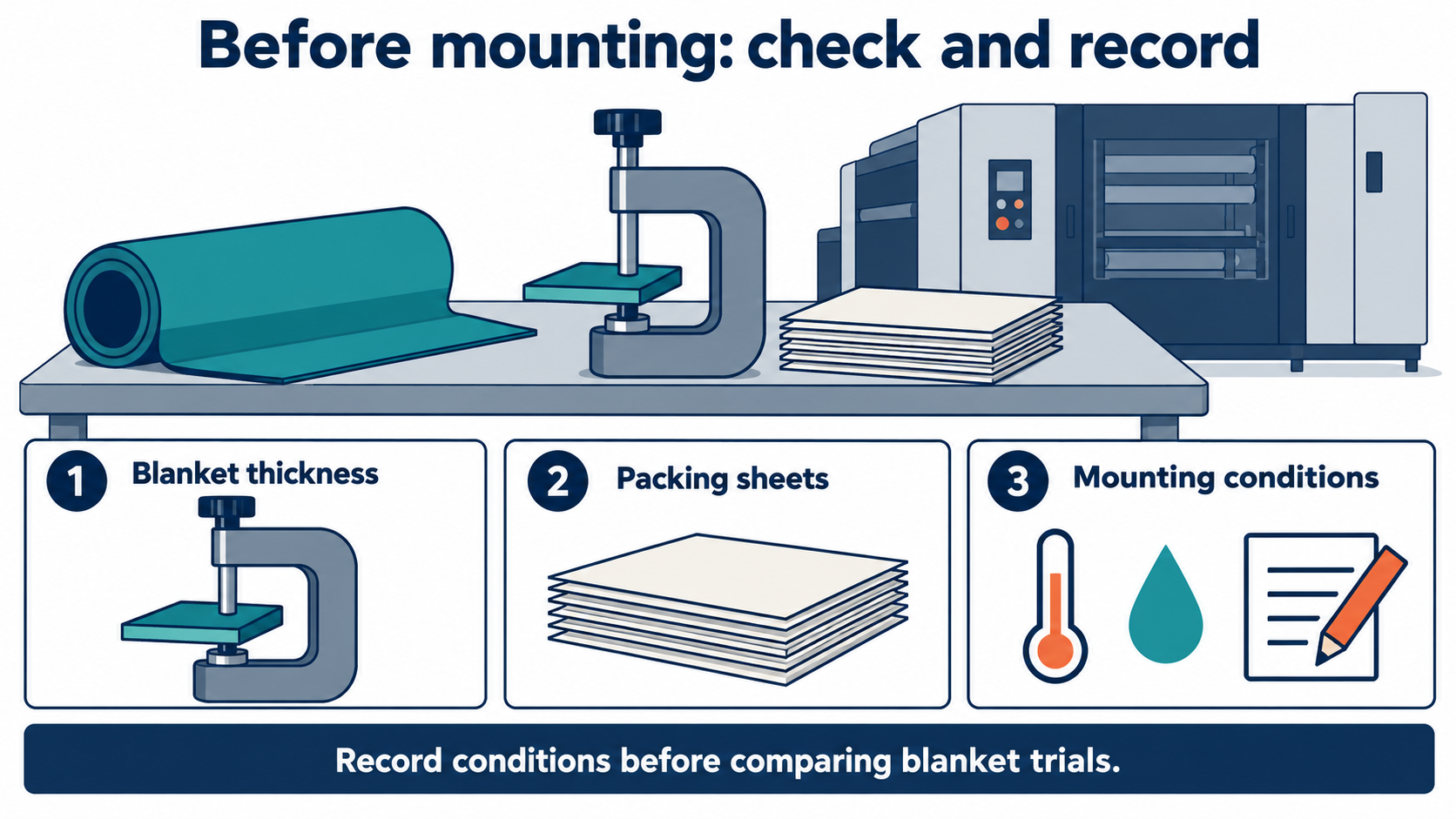 Blanket thickness gauge, packing sheets and mounting checks before a metal printing blanket trial