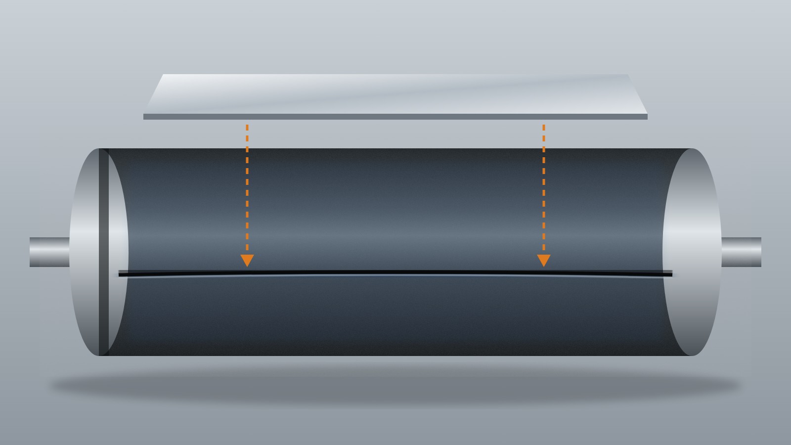 Illustration of repeated tinplate sheet-edge impact leaving a straight impression line on a printing blanket