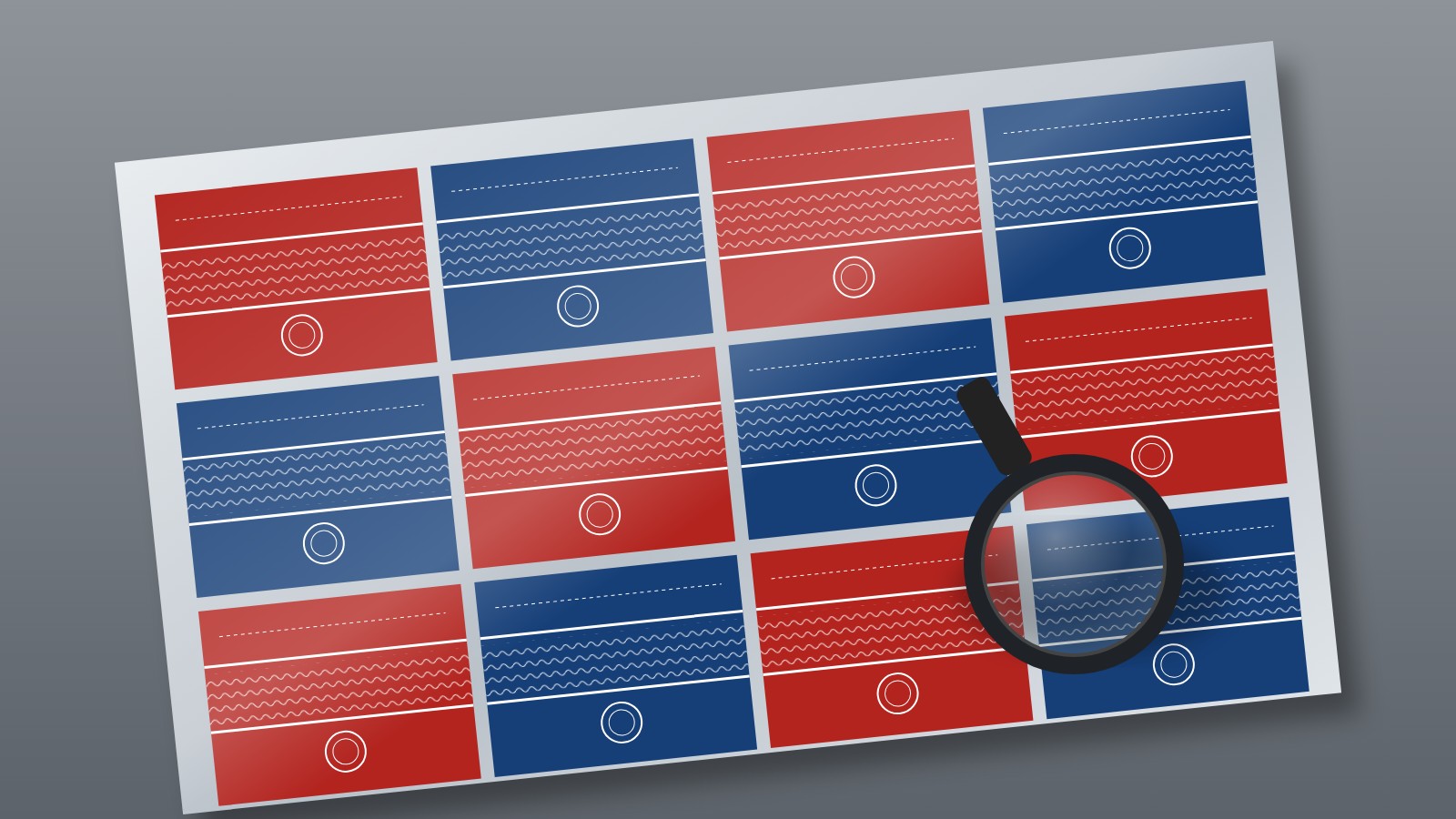 Illustration of printed tinplate sheets with dense red and blue solids and fine reverse detail